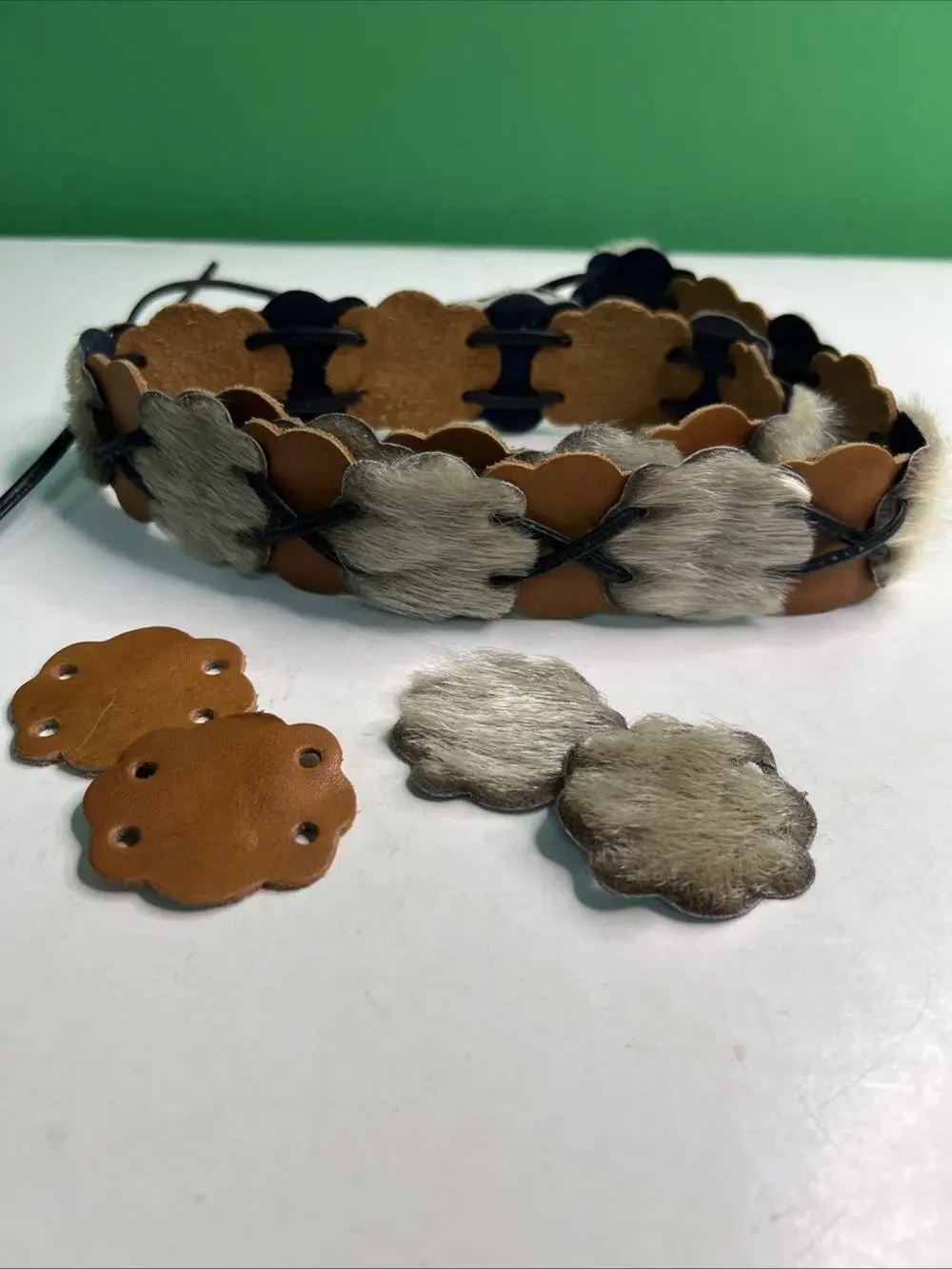 Vintage BOHO Belt Fur Leather Medallions Rawhide Festival Hippie Native American
